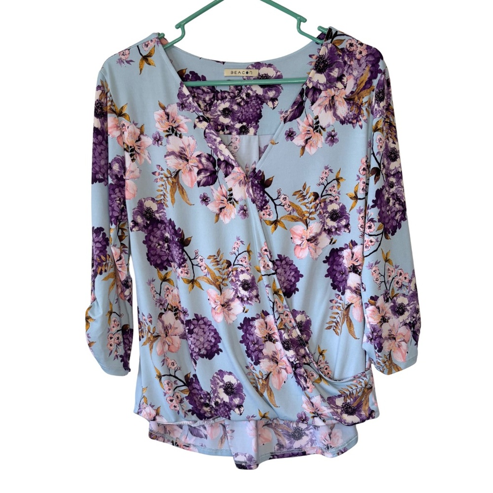 3/$20 Beacon Floral Faux Wrap 3/4 Sleeve Blouse - Purple and Pink